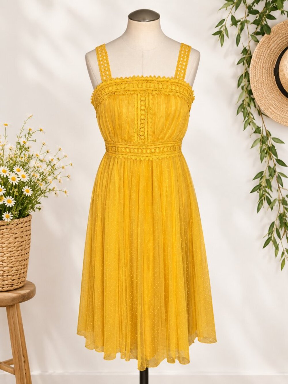 NWT Lulu’s Mustard Yellow Swiss Dot Lace Midi Dress Small Cottagecore